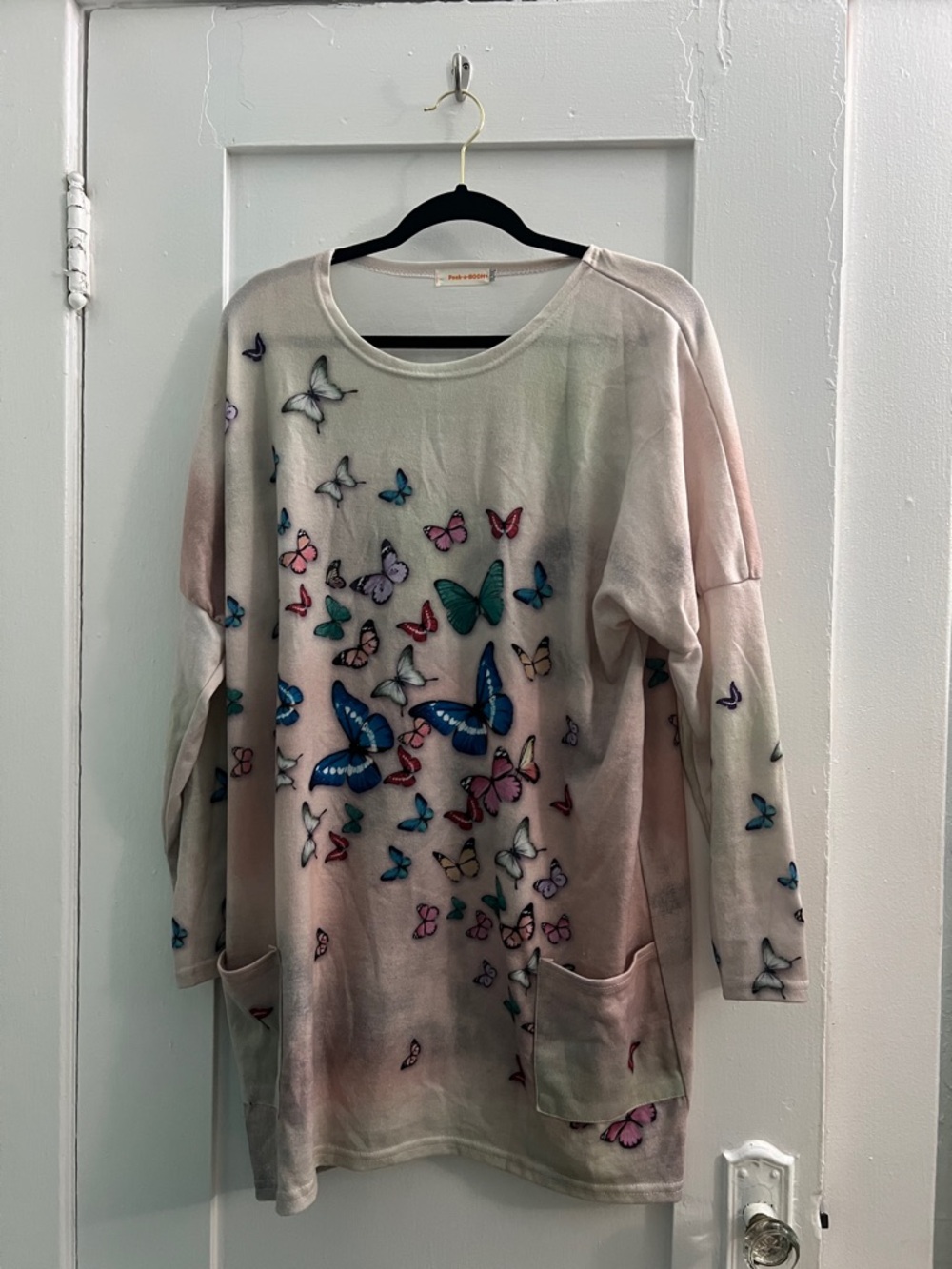 Peek-a-BOOM pink and white Top with Butterflies